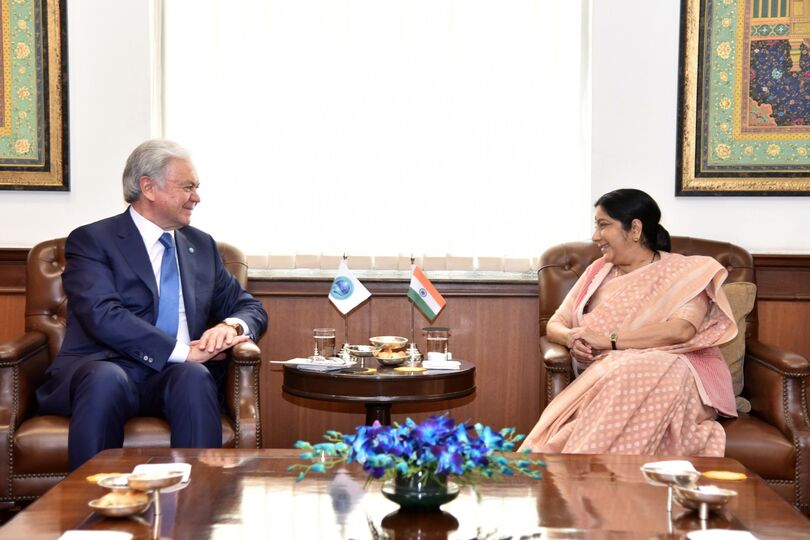 Встреча Генерального секретаря ШОС Р.Алимова с Министром иностранных дел Индии Сушмой Сварадж